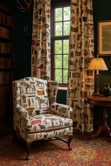 Traditional library room with rich wooden bookshelves, warm lighting, and a classic armchair upholstered in vintage equestrian horse print fabric featuring saddles, bridles, and historical riding gear — perfect for heritage-inspired interiors and country-style décor.